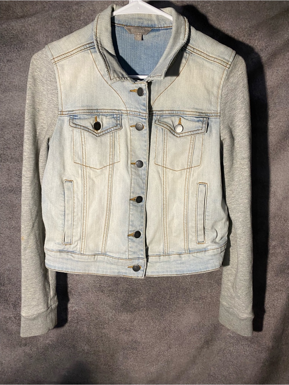 Rubbish Womens Denim Jacket Medium Light Wash Gray Knit Knit Sweatshirt Sleeves